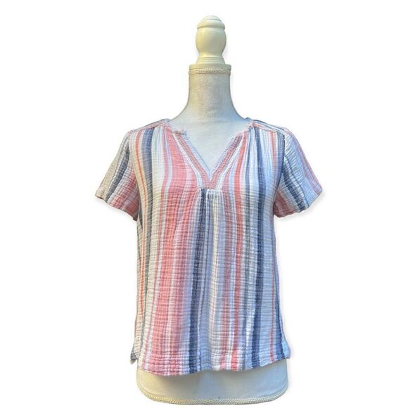 CASLON MULTICOLOR VERTICAL STRIPE BOXY COTTON SHORT SLEEVE TOP PETITE SMALL - Picture 1 of 12